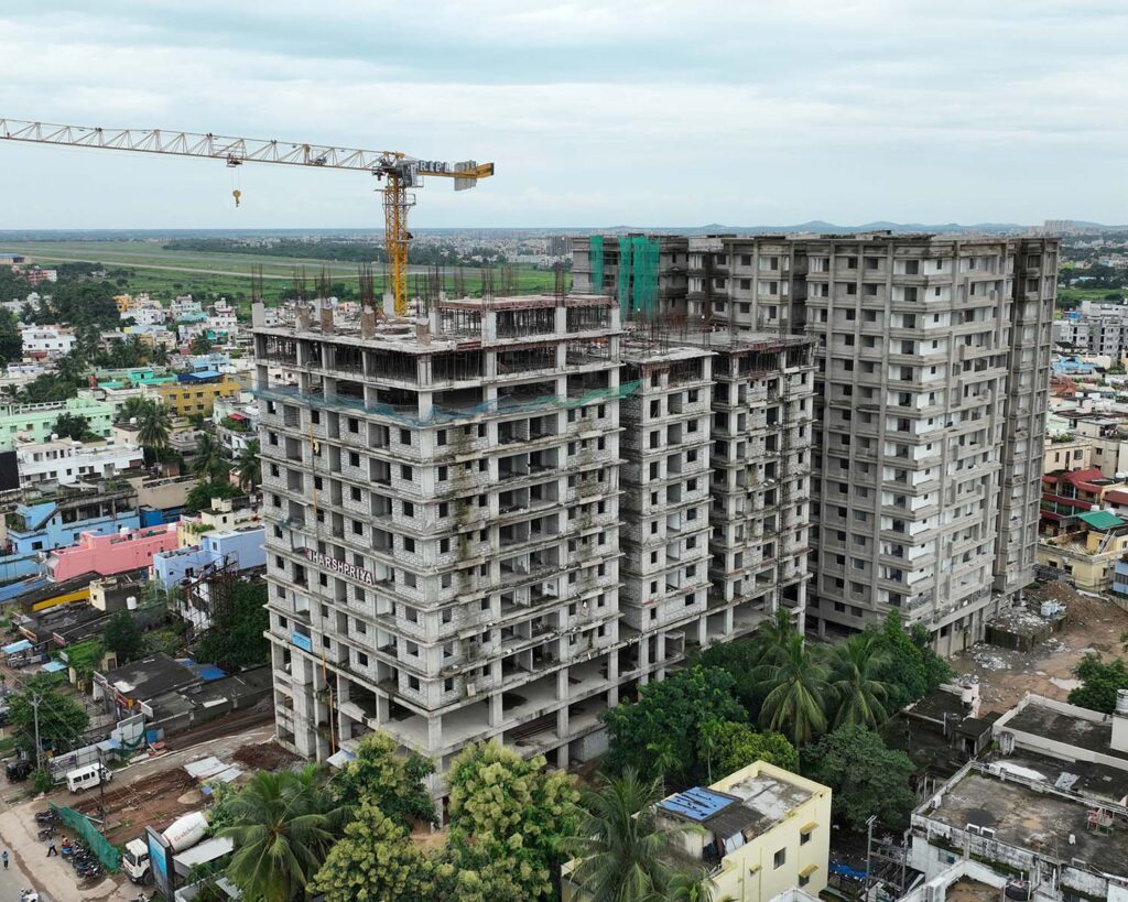 bird view construction update of HP Square, The Best Residential Real Estate Project of Bhubaneswar with top 2 BHK , 3 BHK , 3.5 BHK and 4.5 BHK Apartments for Sale in Delta Square, Bhubaneswar